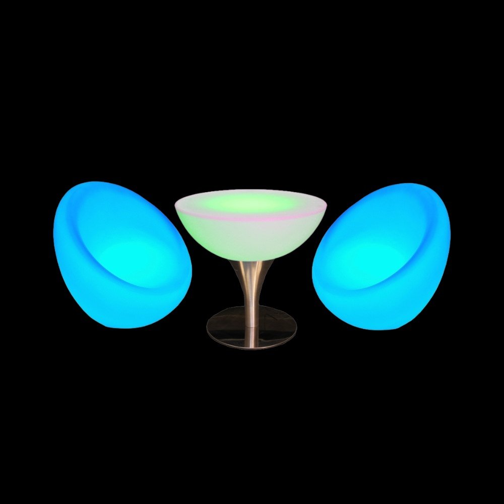 3-piece LED champagne table and bubble chair set illuminated on a black background