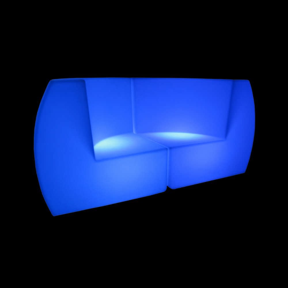 Modular LED lounge sofa set configured as a 2-seater couch illuminated on a black background